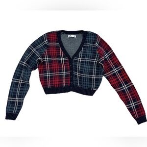 Hollister Y2K Plaid Navy/Red Button Down Cropped Sweater Cardigan XL